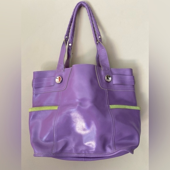 Handbags - B Makowsky Purple Patten Leather Burbank Tote Bag with Green Accents NWT